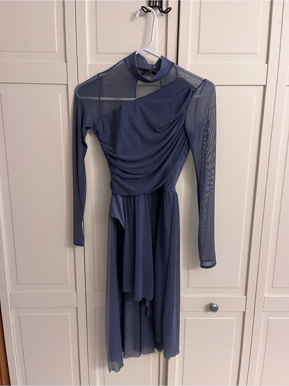 Weissman Slate Blue Long-Sleeve Mesh Draped Dress